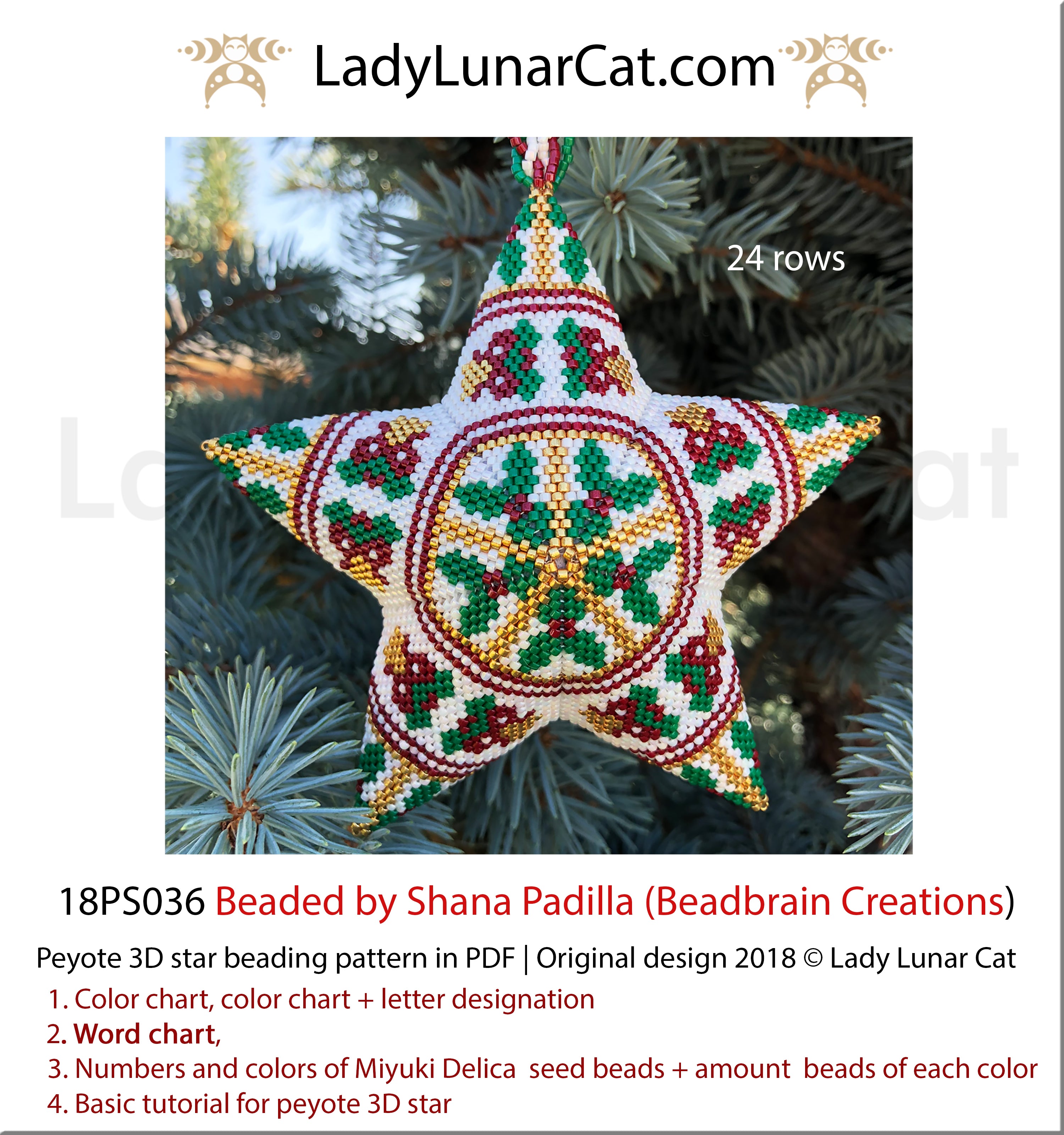 Peyote star patterns for beading Bells and holly by Lady Lunar Cat | Seed beads tutorial for 3D beaded star