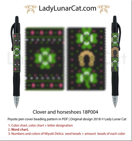 Peyote pen cover pattern for beading | Beaded pen wrap and rings tutorial Clover and horseshoes 18P004 by Lady Lunar Cat