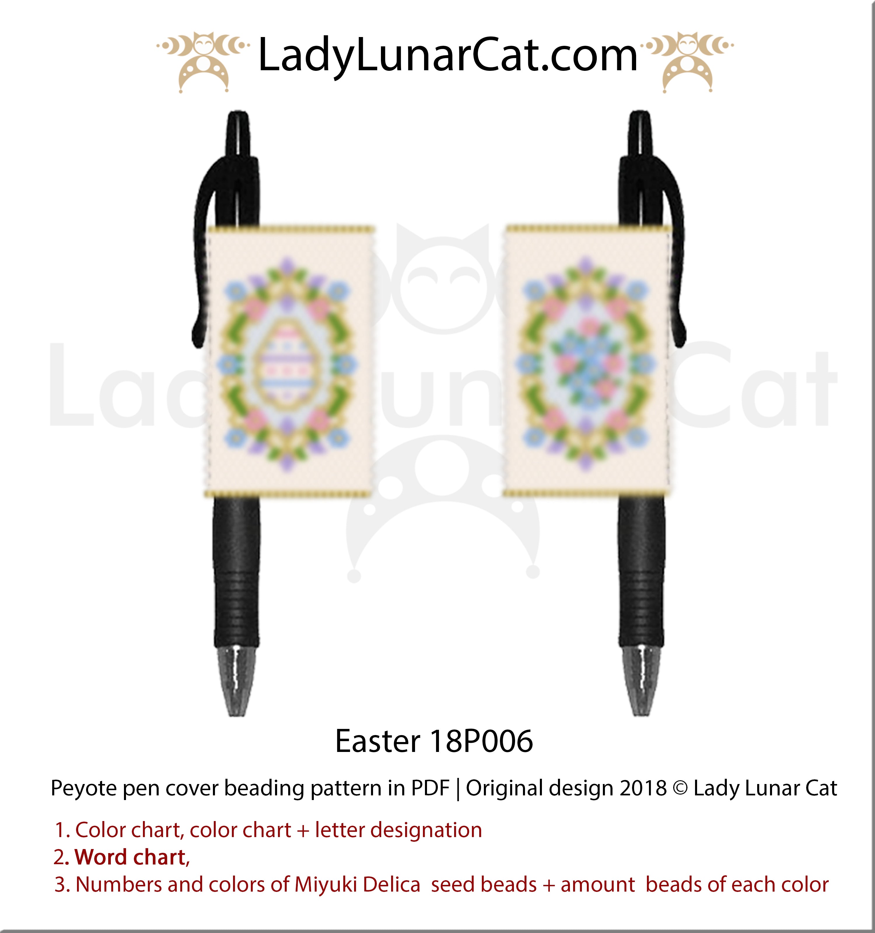 Peyote pen cover pattern for beading | Beaded pen wrap and rings tutorial Easter 18P006 by Lady Lunar Cat