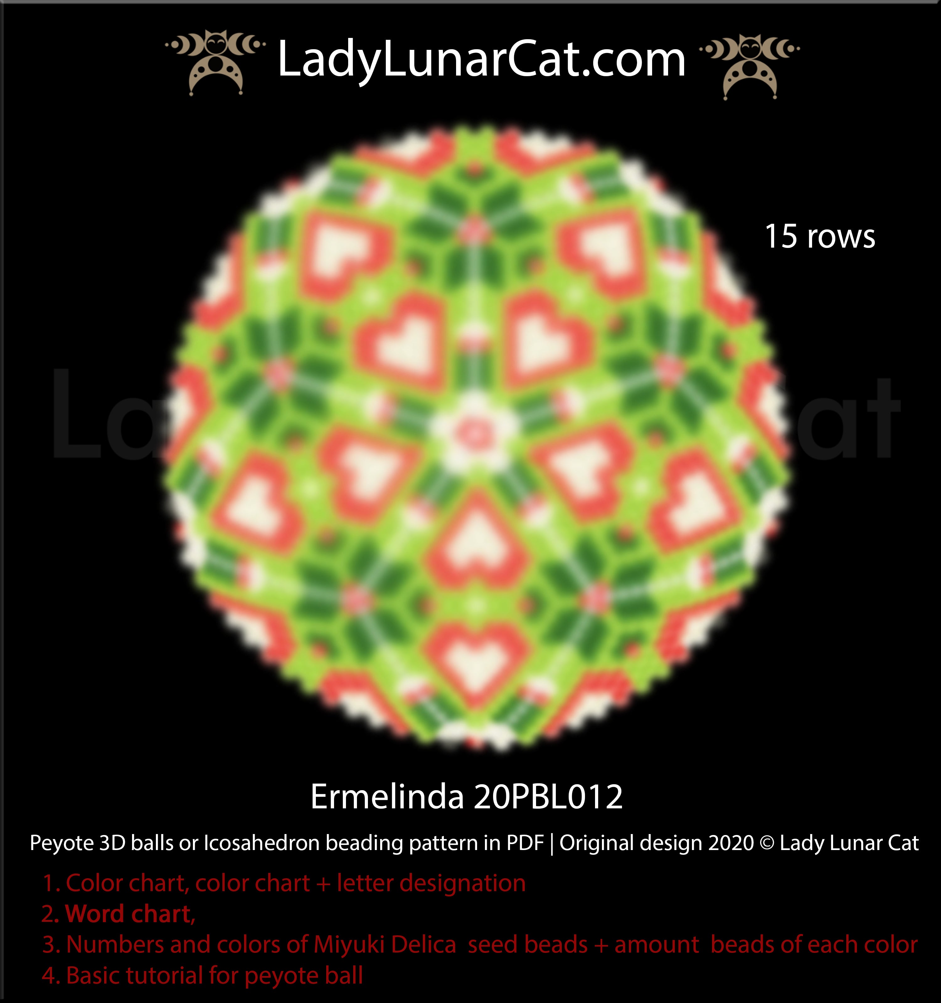 Peyote 3d ball pattern for beading | Beaded Icosahedron Ermelinda 20PBL012 15 rows