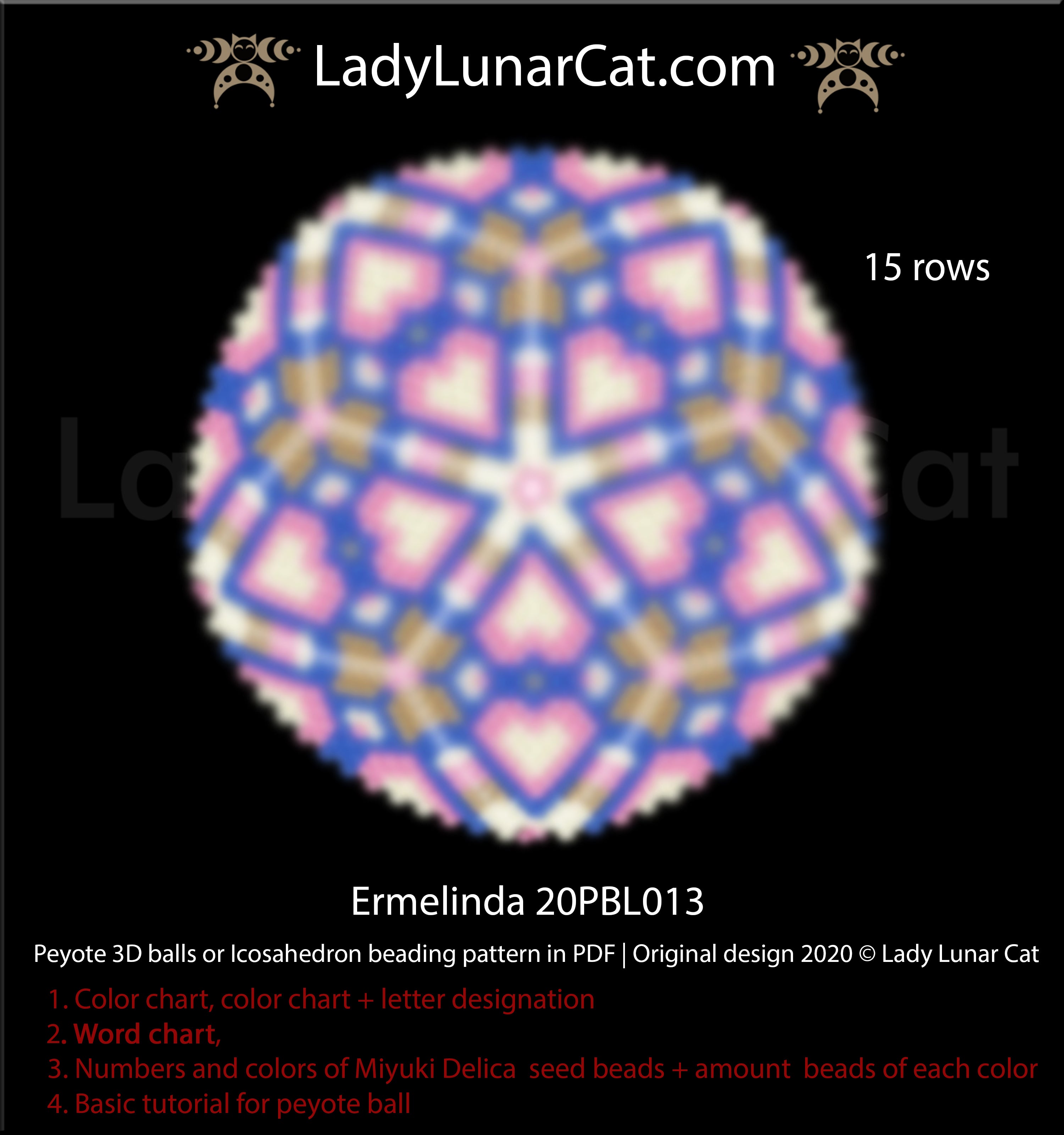 Peyote 3d ball pattern for beading | Beaded Icosahedron Ermelinda 20PBL013 15 rows