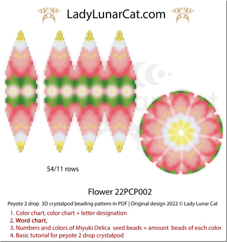 Peyote 2drop pod pattern for beading Flower 22PCP002 by Lady Lunar Cat