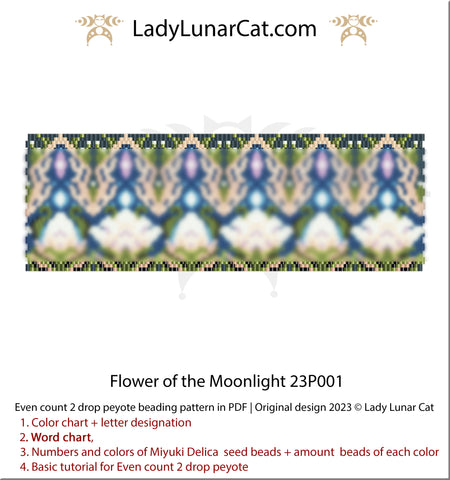 Peyote 2drop bracelet pattern for beading Flower of the Moonlight 23P001 by Lady Lunar Cat