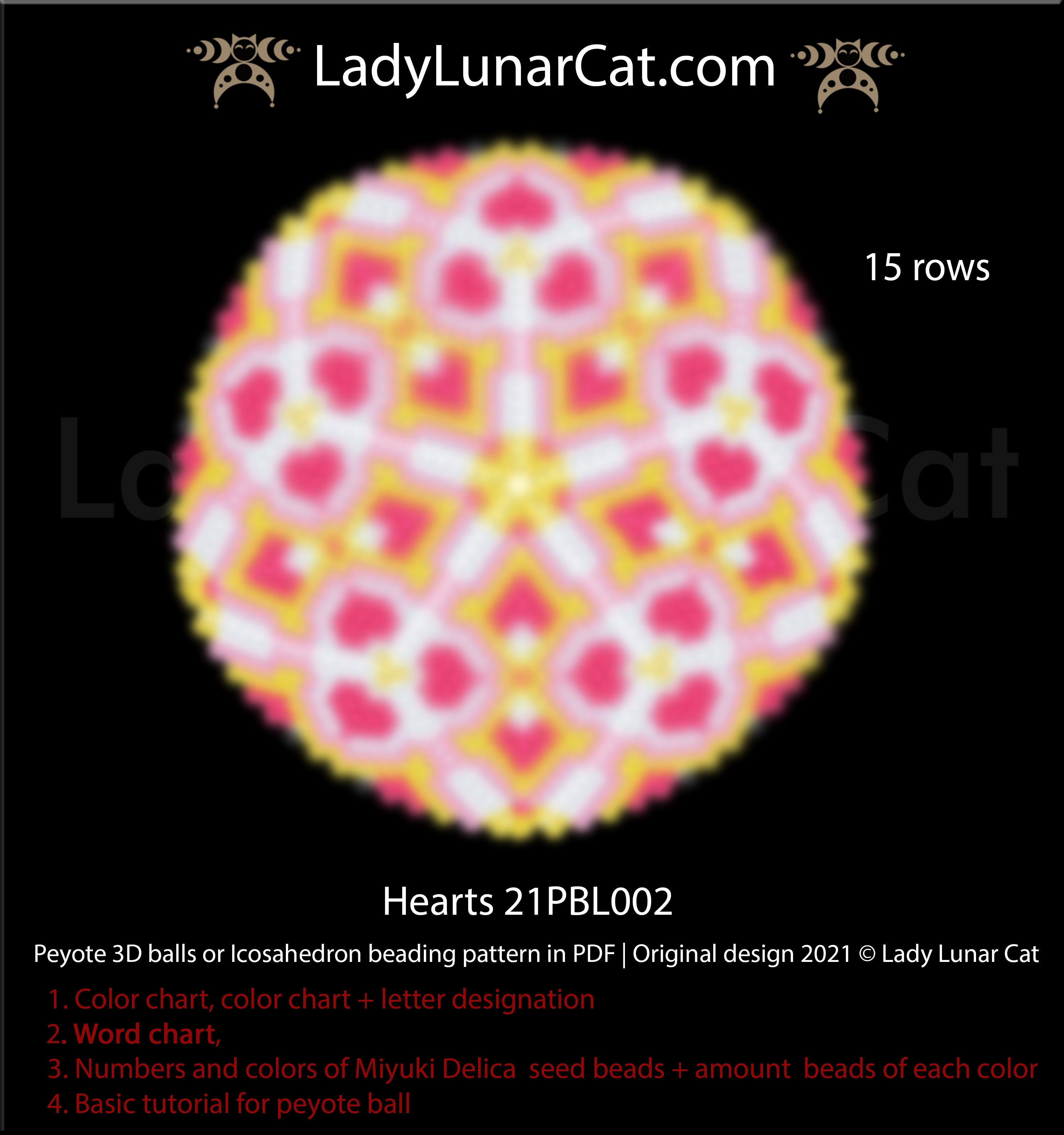 Peyote 3d ball pattern for beading | Beaded Icosahedron Hearts 21PBL002 15 rows by Lady Lunar Cat