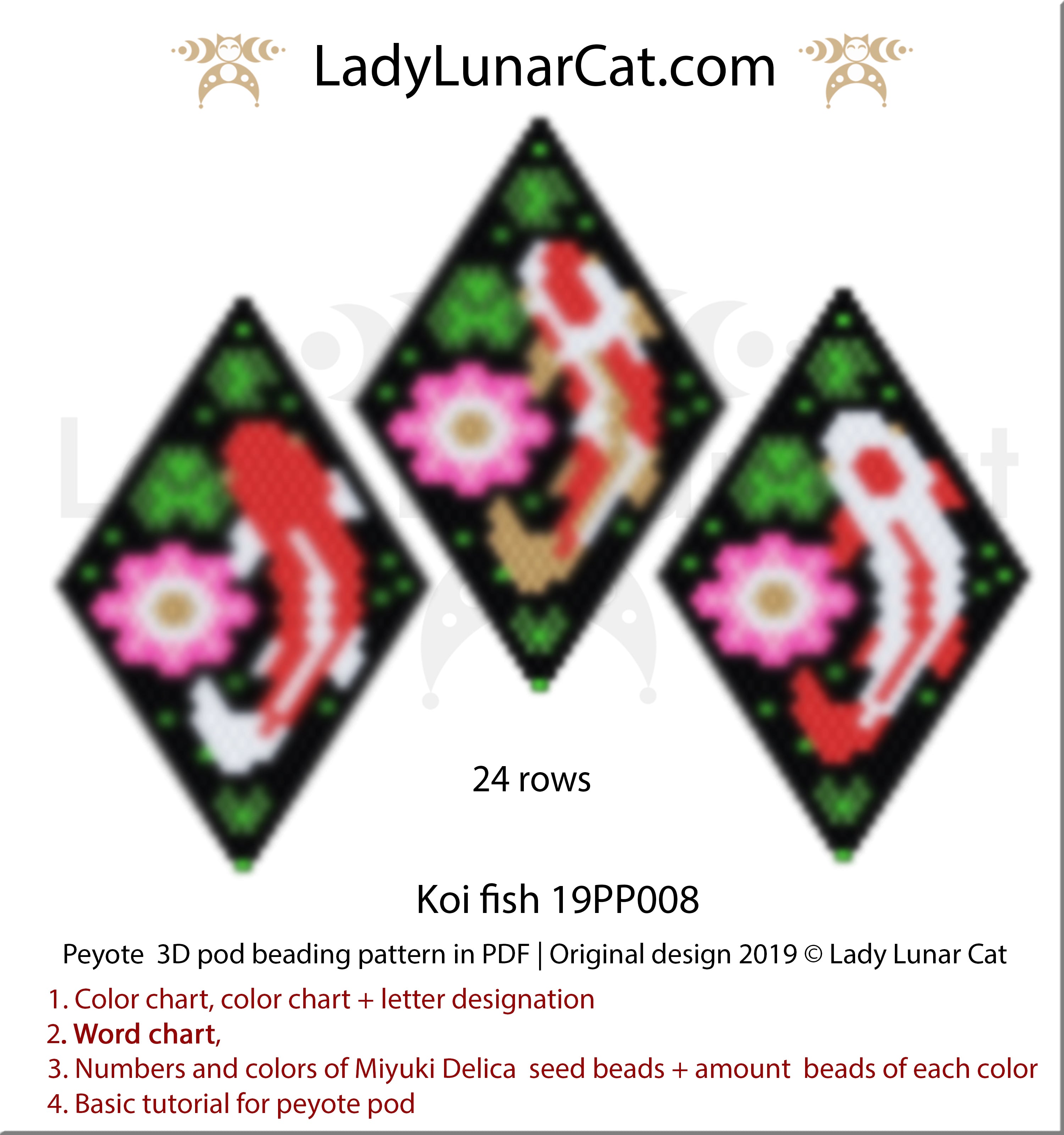 Peyote pod patterns for beading Koi fish by Lady Lunar Cat design | Beadweaving tutorial