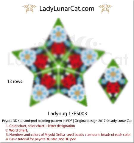Peyote star patterns for beading Ladybug 17PS003 by Lady Lunar Cat | Seed beads tutorial for 3D beaded pod