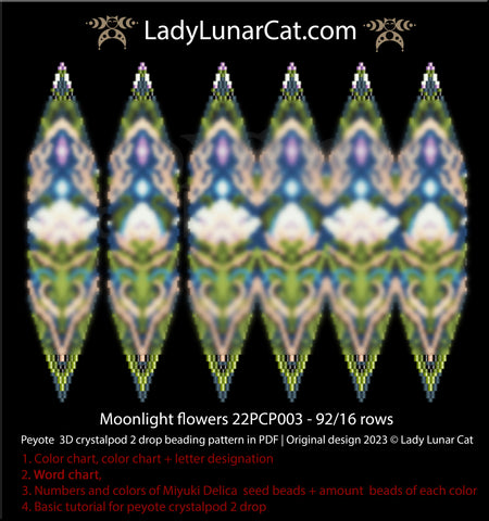 Peyote 2drop pod pattern for beading Moonlight flowers 22PCP003 by Lady Lunar Cat