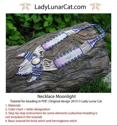 Beading tutorial Necklace Moonlight - Herringbone and Brick stitch,  by Lady Lunar Cat