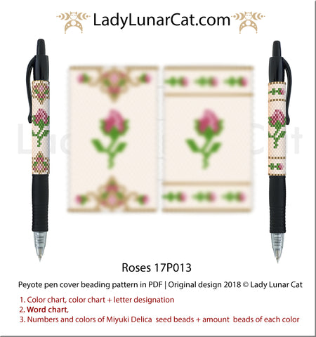 Peyote pen cover pattern for beading | Beaded pen wrap and rings tutorial Roses 17P013