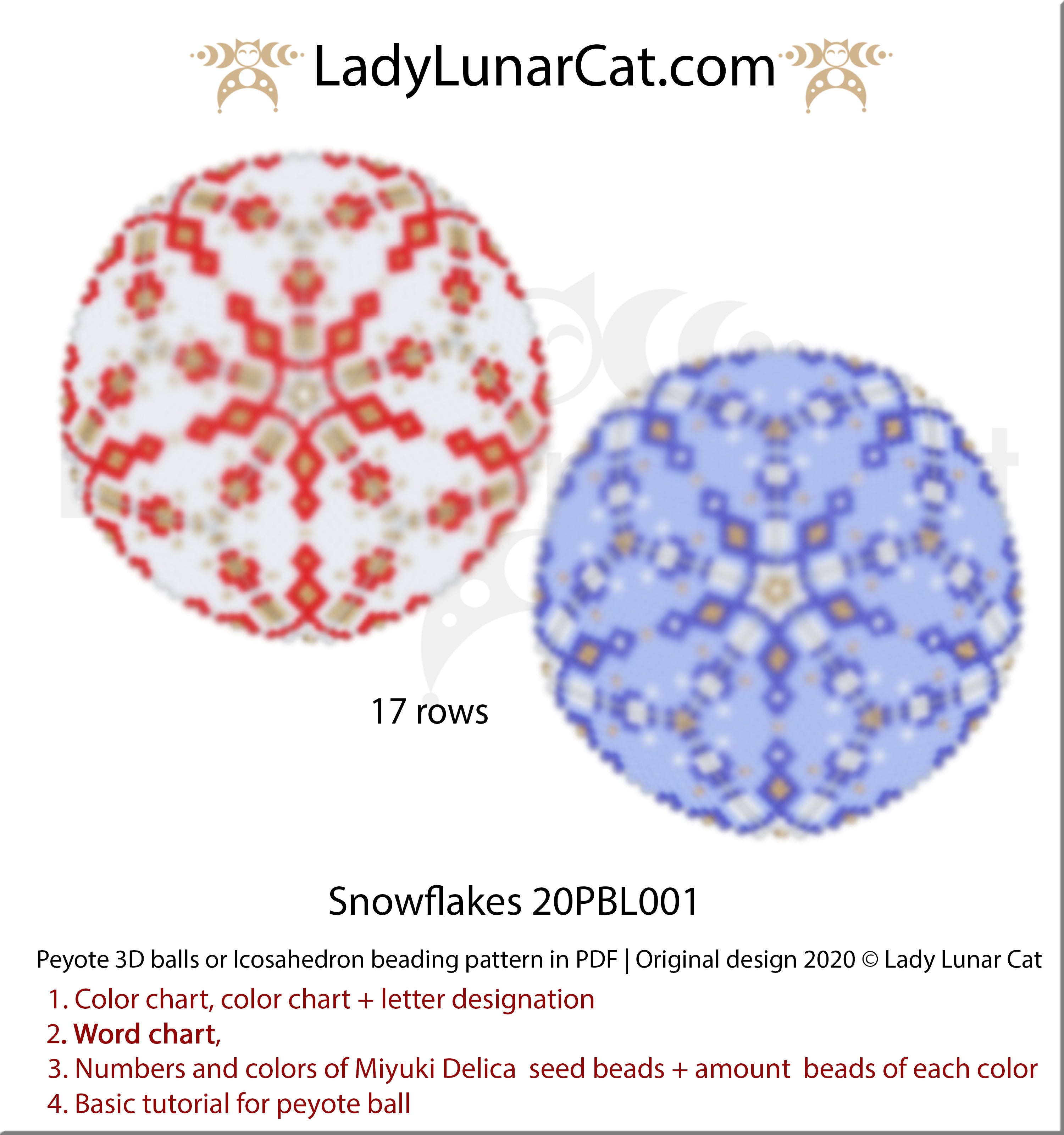 Peyote 3d ball pattern for beadweaving | Beaded Icosahedron Snowflakes 20PBL001 17 rows