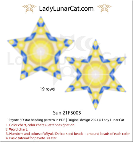 Beaded star pattern - Sun 21PS005 by Lady Lunar Cat | Seed beads tutorial for 3D peyote star
