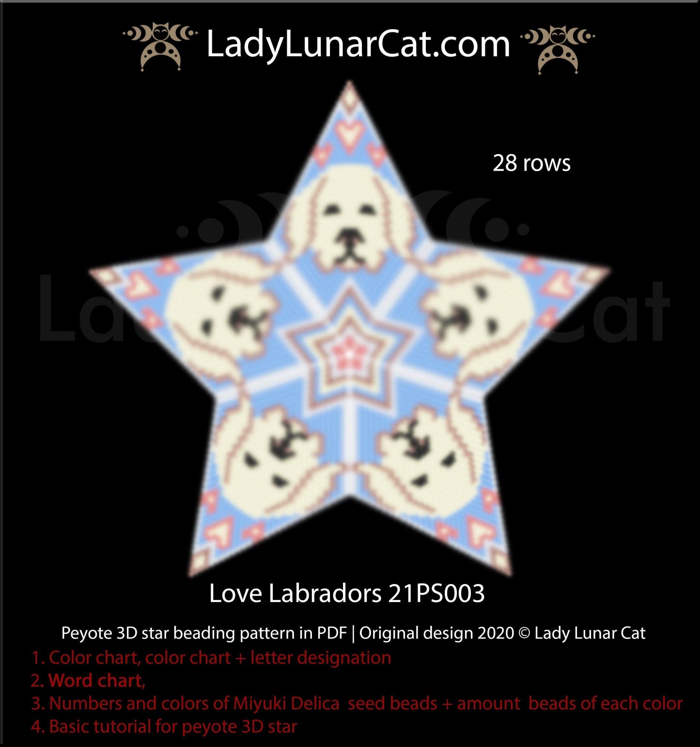 Beaded star pattern - Love Labradors 21PS003 | Seed beads tutorial for 3D peyote star LadyLunarCat