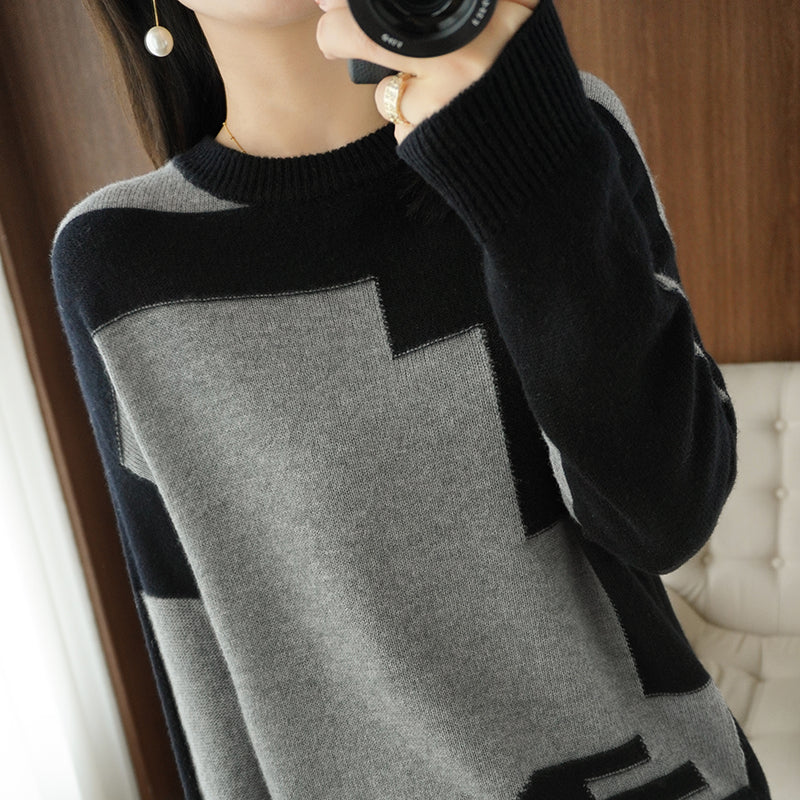 Elegant Color Matching O Neck Casual Patchwork Knitted Sweaters