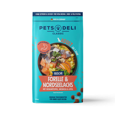 Trockenfutter Forelle & Nordseelachs mit Süßkartoffel, Brokkoli & Apfel für Hunde