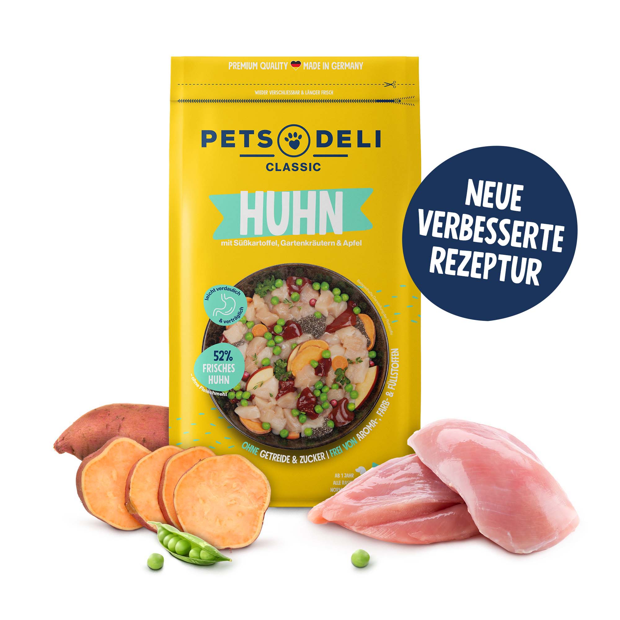 Trockenfutter Huhn mit Süßkartoffel, Gartenkräuter & Apfel für Hunde