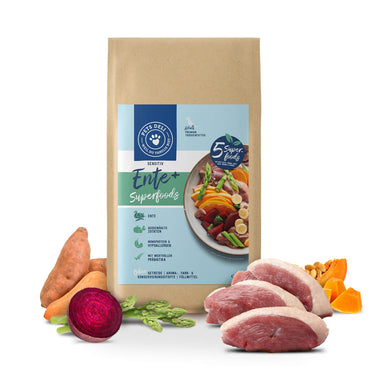 Trockenfutter Superfood Ente mit Pastinaken, Rote Beete, Orange, Spargel und Kürbis für Hunde