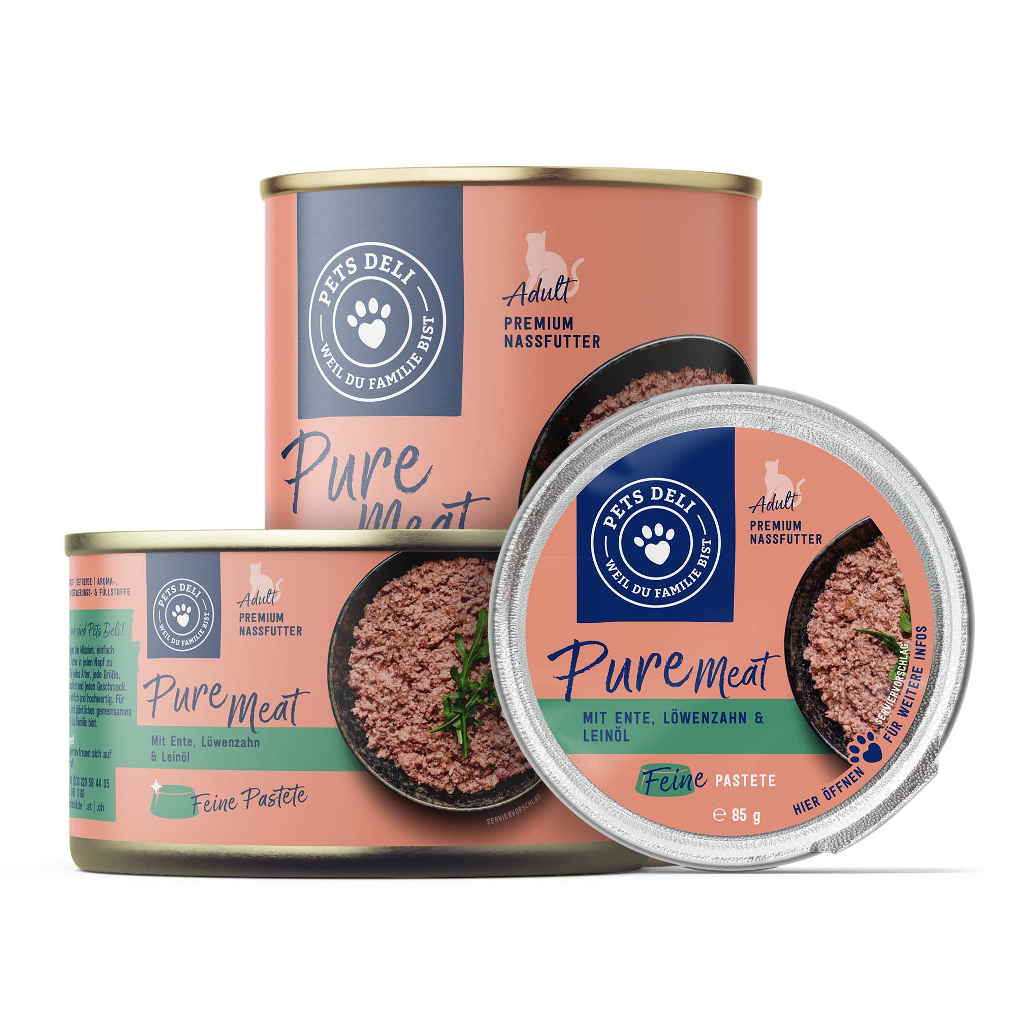 Nassfutter Pure Meat Ente mit Löwenzahn und Leinöl für Katzen