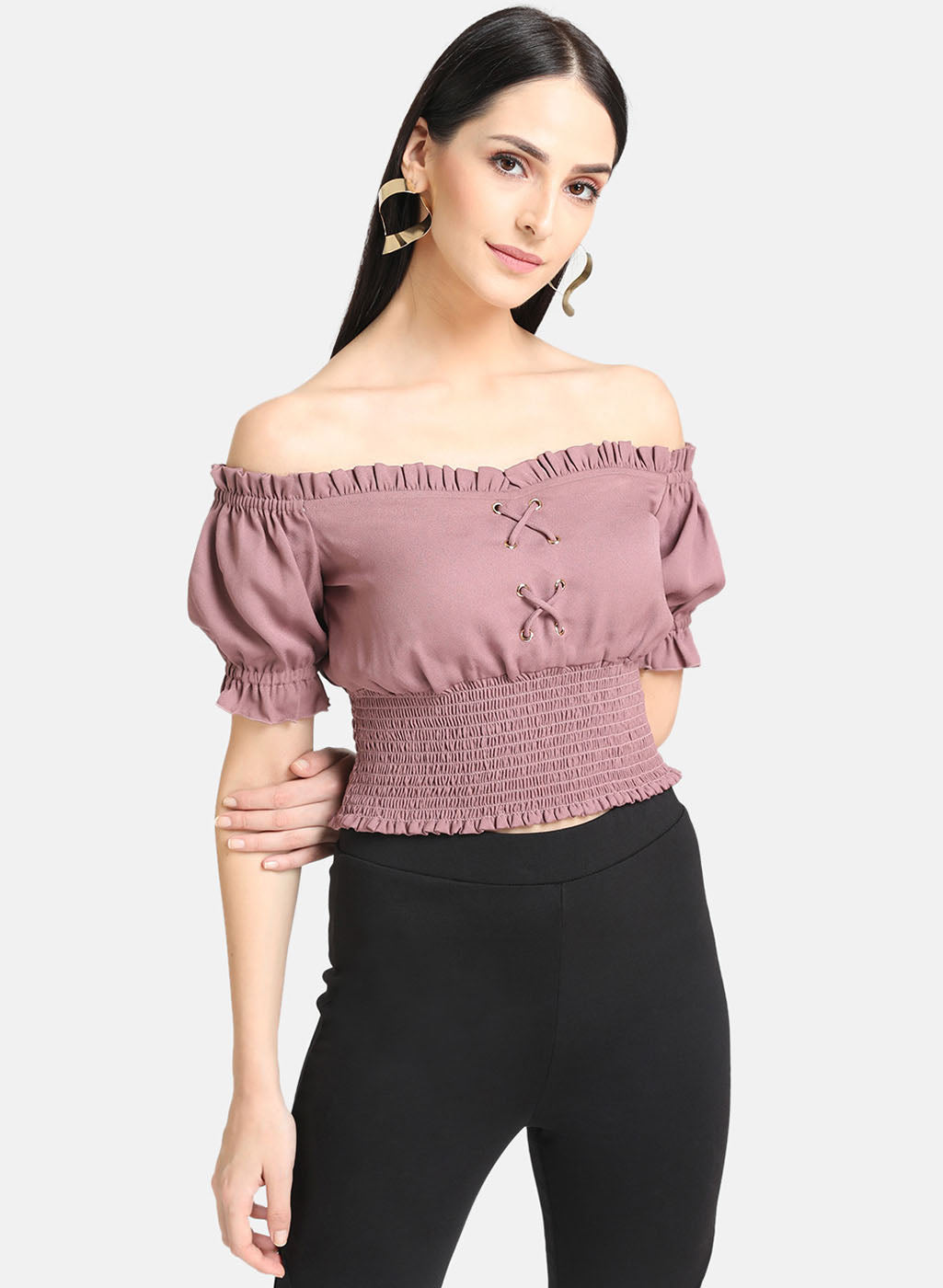 Buy Smocked Wide Neck Crop Top 120567GRPSHKXS - KAZO