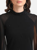 Kazo Black Neck Embellished Mini Dress With Cape Sleeves