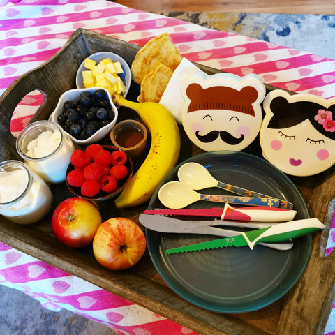 DIY Breakfast Tray for Children with raspberries, blueberries, yogurt pots, apples, butter, bread, Kiddikutter Children's safety knives, plates and spoons