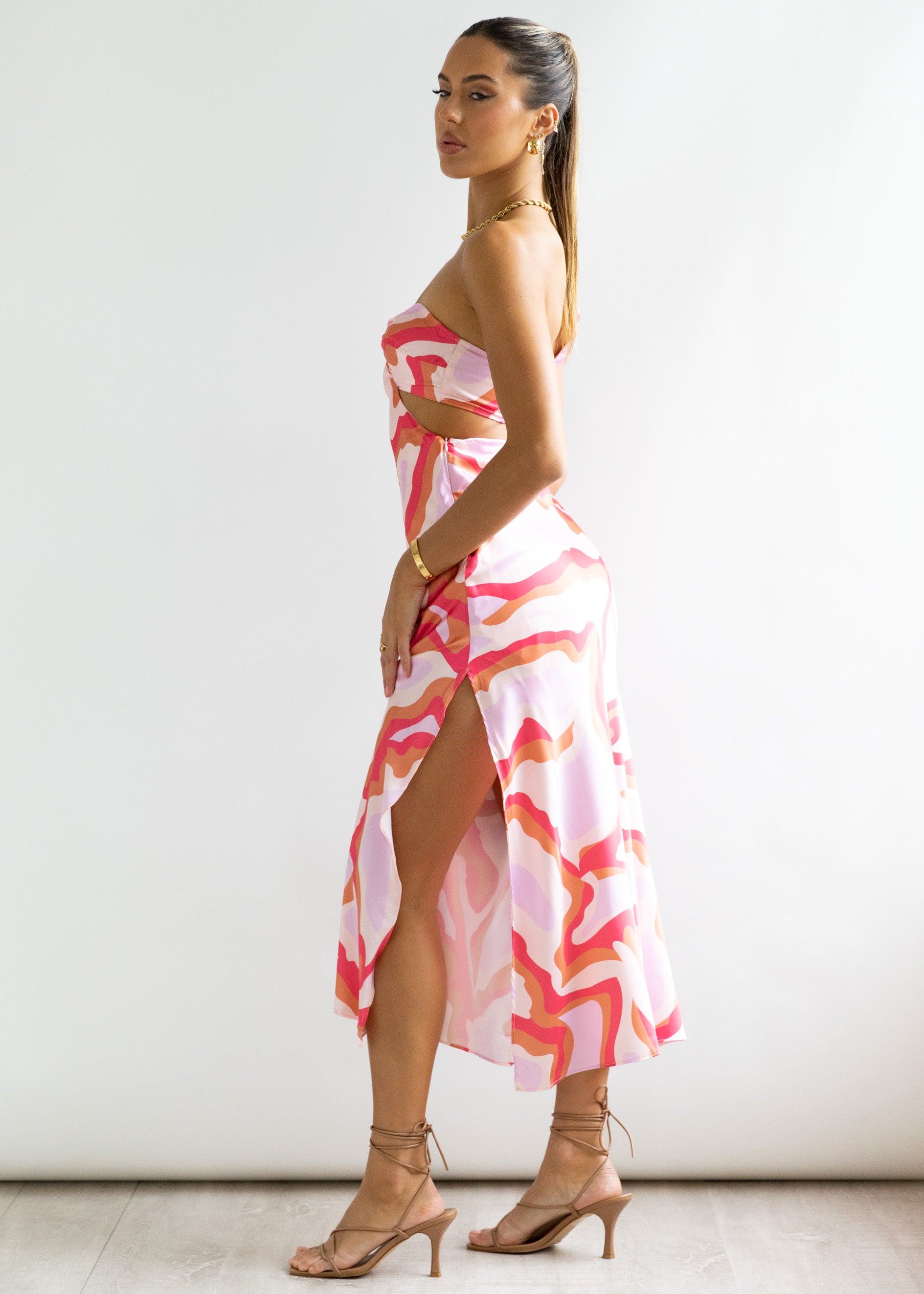 Varia One Shoulder Midi Dress - Blush Abstract