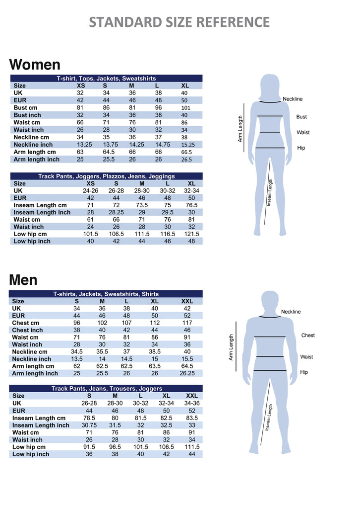 Size Chart of women and men (standard size) – Tinted