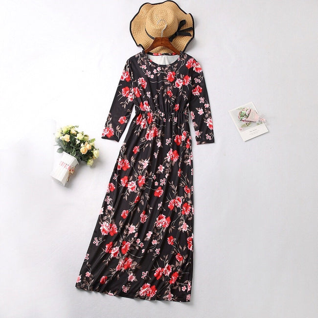 Mommy & Me Black Floral Print Long Sleeve Maxi Dress (Mother & Daughter)