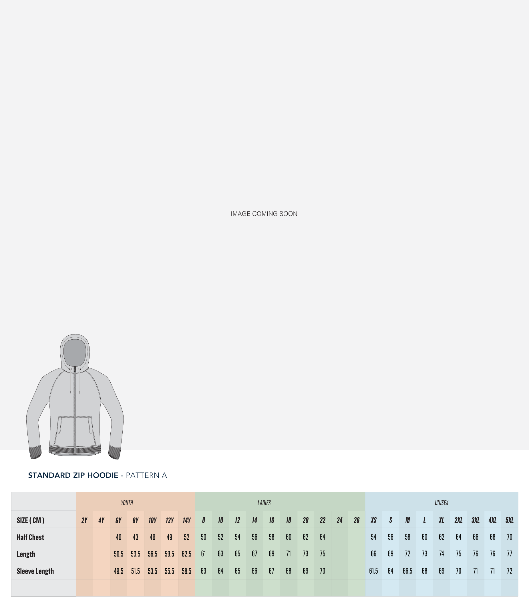 Standard Zip Hoodie Pattern A Size Guide