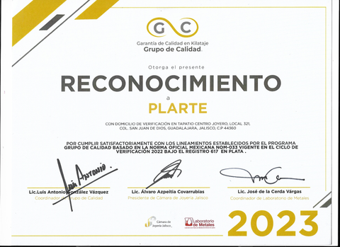Nuestras certificaciones de la plata, hechas por la camara de Joyeria de Jalisco