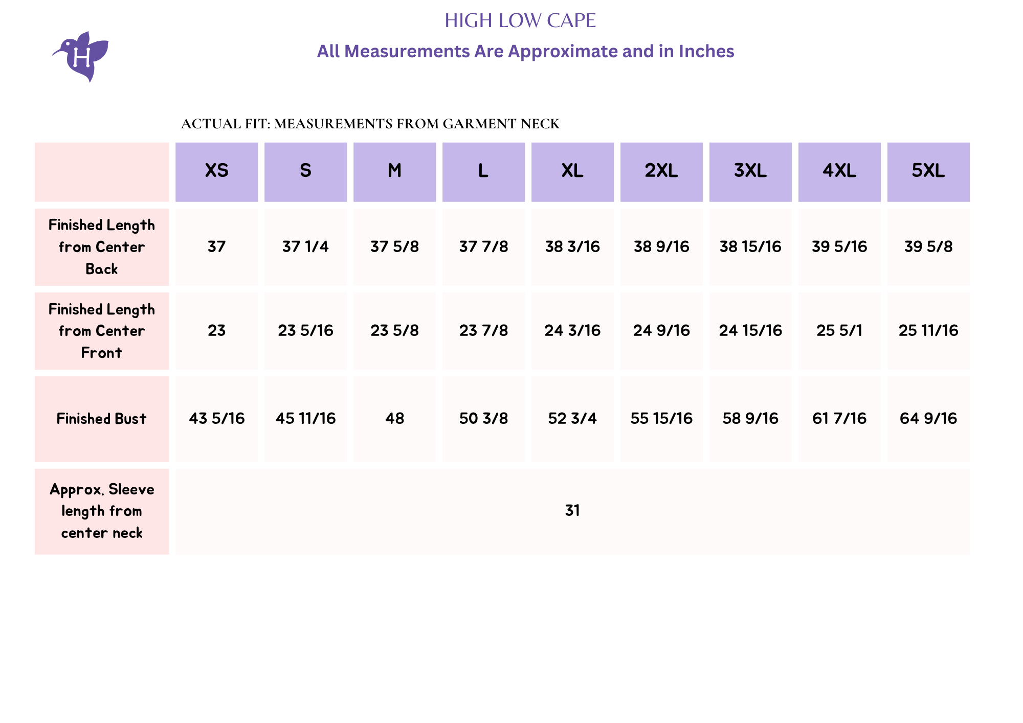 High low cape size chart