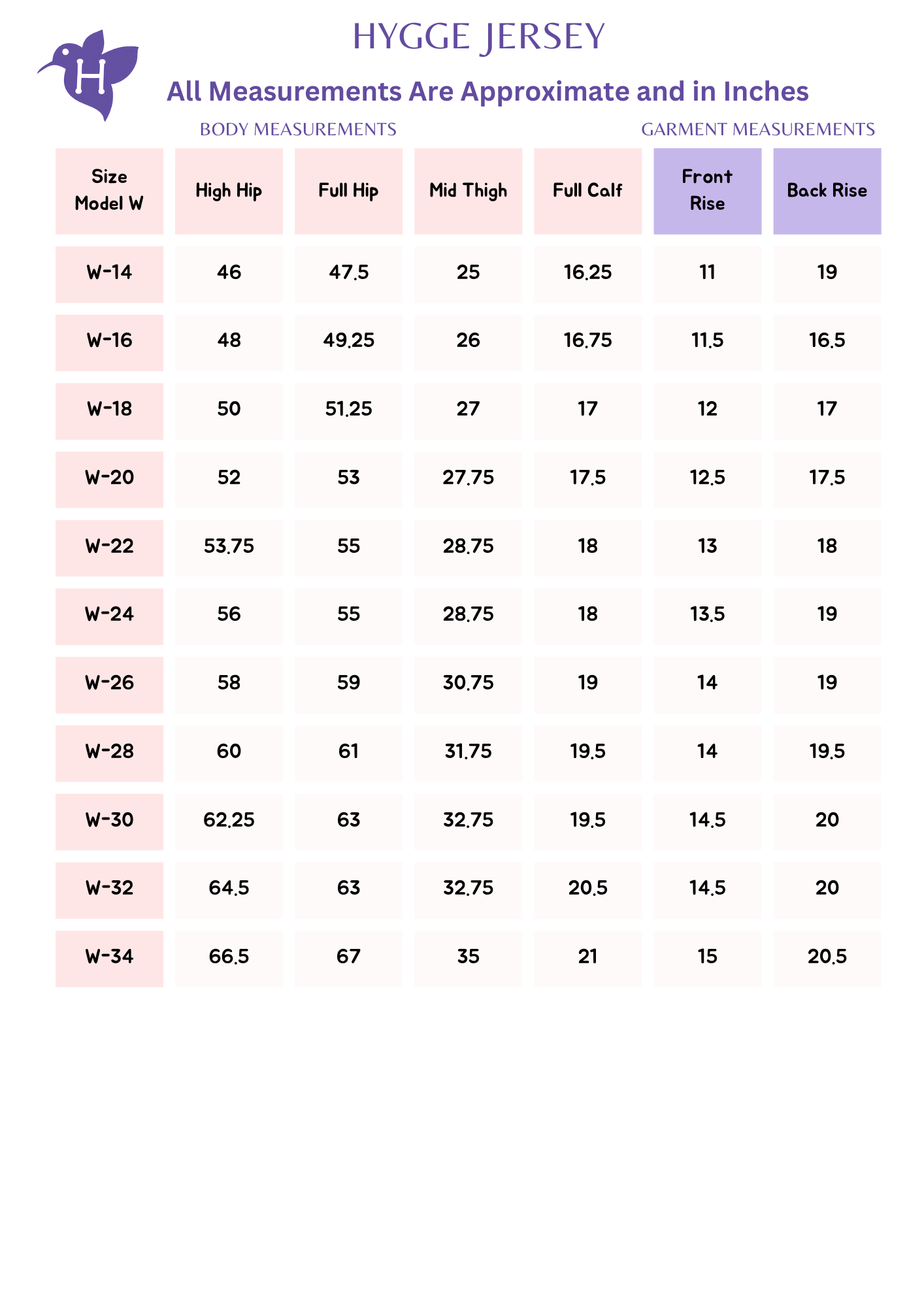 hygge size chart W