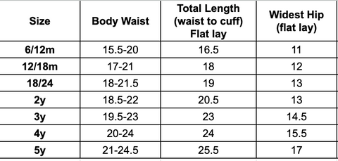 Size chart for parachute pants