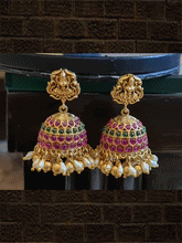 Load image into Gallery viewer, Laxmiji side string with peacock design ruby and green stones guttapusalu set