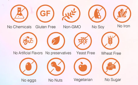 MetaFlora Probiotics, no chemicals, gluten free, non gmo, no soy, no iron, no artificial flavors, no preservatives, yeast free, wheat free, no eggs, no nuts, vegetarian, no sugar