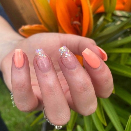Opulent and Hola Chunky Glitter and Peach ombre Nails | Revel Nail Get the look | At home Dip powder Starter Kit