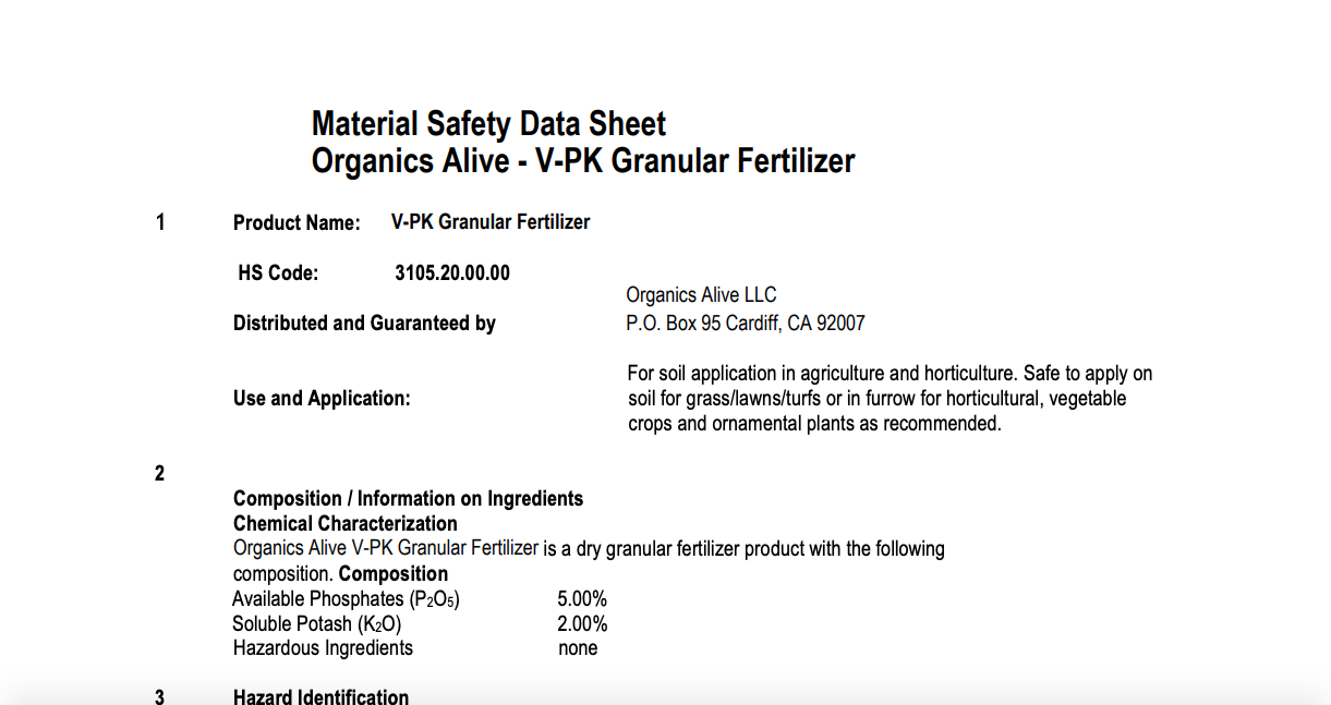 Material Safety Data Sheet: V-PK Granular Fertilizer