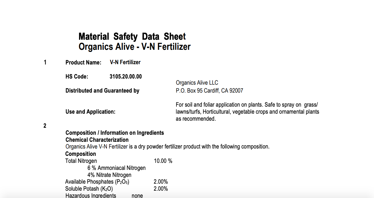 Material Safety Data Sheet: V-N Fertilizer