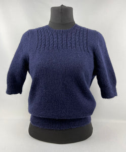 REPRODUCTION Hand Knitted Cable Yoke Jumper in Navy Blue Pure Wool - Bust 36 38 40