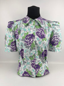 1940's Reproduction Floral Print Blouse with Large Purple Roses and Faceted Glass Buttons Made From an Original 1940's Feed Sack - Bust 34"