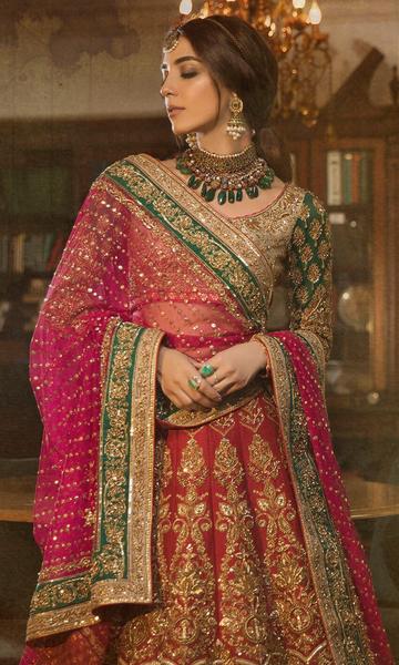 red and green bridal lehenga