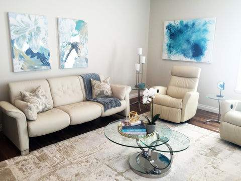 Contemporary Greige Living Room with Blue abstract paintings in neutral accents