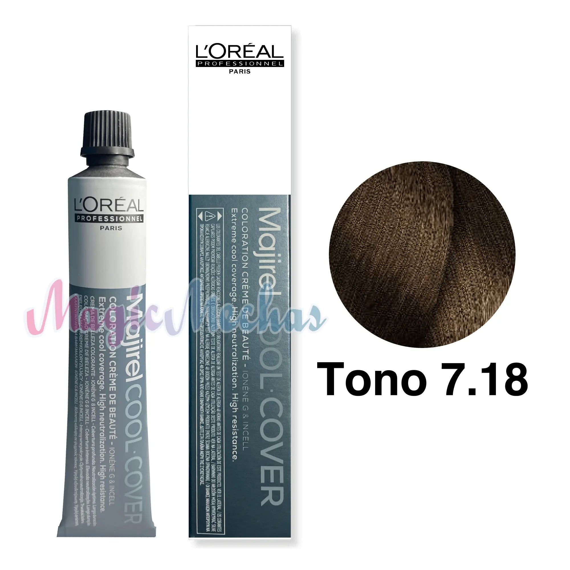 Tinte Majirel Tono 7.18 Cool Cover Rubio Ceniza Moca 50mL - Magic Mechas