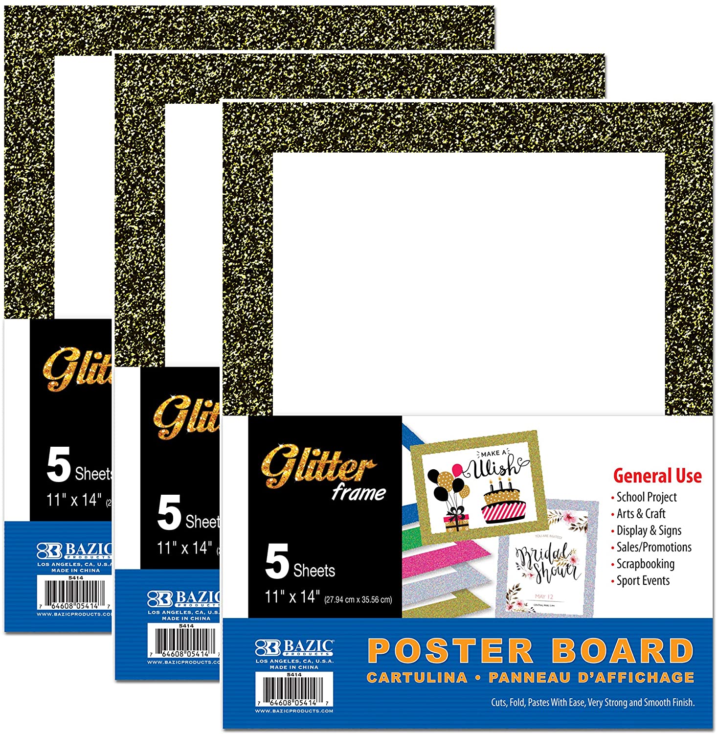 BAZIC 11 X 14 White Poster Board w/Glitter Frame (5/Pack) Bazic Products