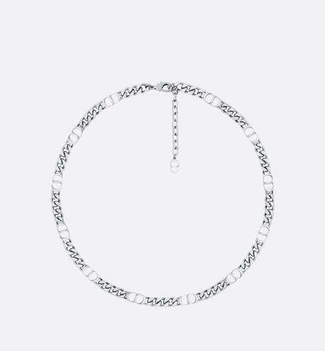 Dior Italic Chain Link Necklace Silver-Finish Brass and White