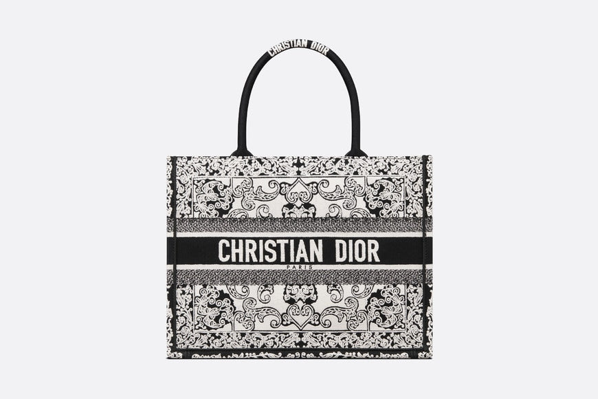 Medium Dior Book Tote Ecru and Gray Toile de Jouy Embroidery (36 x 27.5 x  16.5 cm)