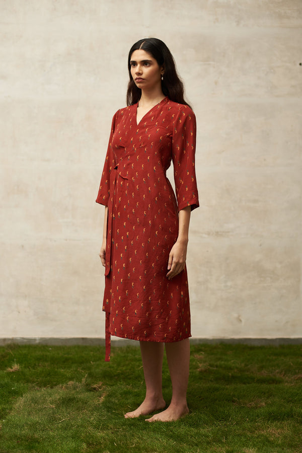 Apple red color cotton blockprinted draped flared dress