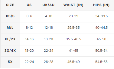 Shaping Underwear size chart