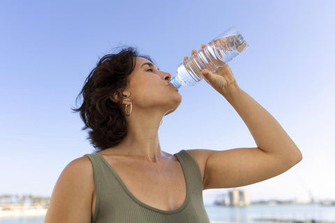 A woman who has just finished exercising is drinking water