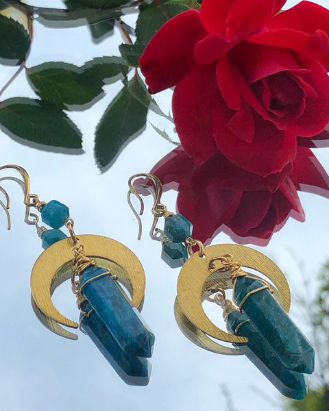 Blue Apatite crescent moon earrings