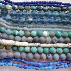 Blue Beads - Recycled Glass Beads, Druzy, Agate stones, bone beads, seaglass